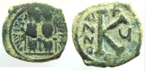SB 361 Justin II and Sophia, AE Half Follis 565-578 AD, Thessalonica