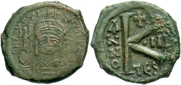 SB 365 var Justin II, AE Half Follis, Year 3 (567/568), Thessalonica
