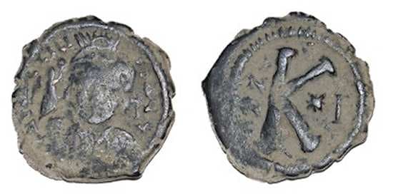 SB 380 Justin II, AE half follis of Antioch as Theuopolis