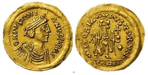 Wroth 4 Justinian I, AV tremissis, struck by Ostrogoths, Athalaric to Witigis