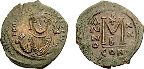 SB 495 Maurice Tiberius, 582-602 AD, AE Follis