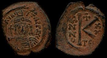 SB 509 Maurice Tiberius, 582-602 AD, AE Half follis