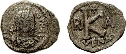 SB 598 Maurice Tiberius, 582-602 AD, AE Half Follis, Ravenna