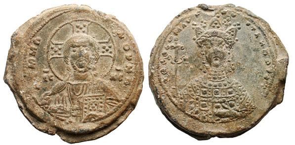 Zacos_82a Theodora Lead Seal +EMMA�NOVHL, bust of Christ Emmanuel, bearded, facing; nimbus cross behind head with five d