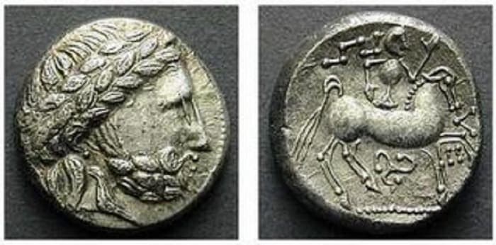 Kostial 1350 Celtic coinage, Danube region, AR tetradrachm, imitating Audeoleon, 13