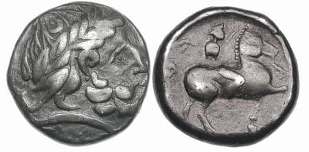 Gobl 074•2 Early Imitation of Philip II AR Tetradrachm, Birnenscheitel type
