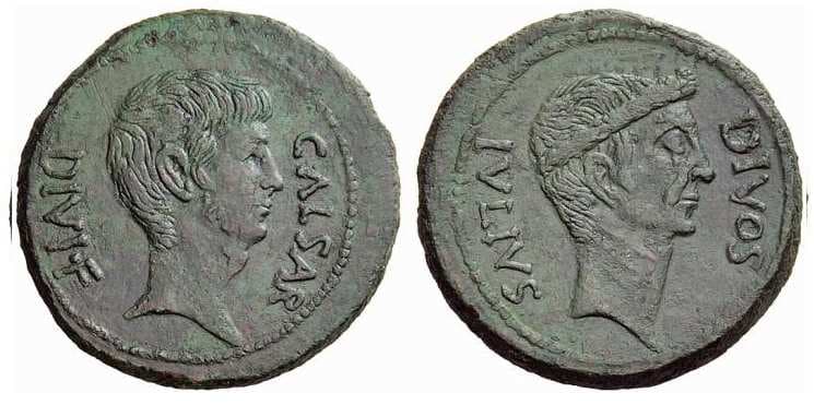 Gaul or Italy RPC 620 (2) Octavian and Divus Caesar, AE29 (dupondius?)