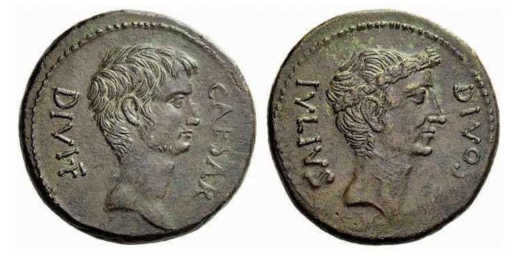 Gaul or Italy RPC 620 (3) Octavian and Divus Caesar, AE29 (dupondius?)