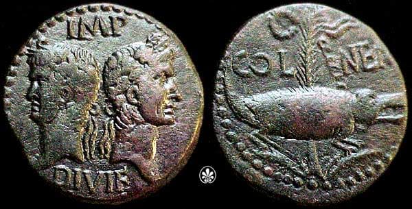 RIC 158 Sear5 1730 Augustus & Agrippa AE Dupondius or As of Gaul, Nemausus
