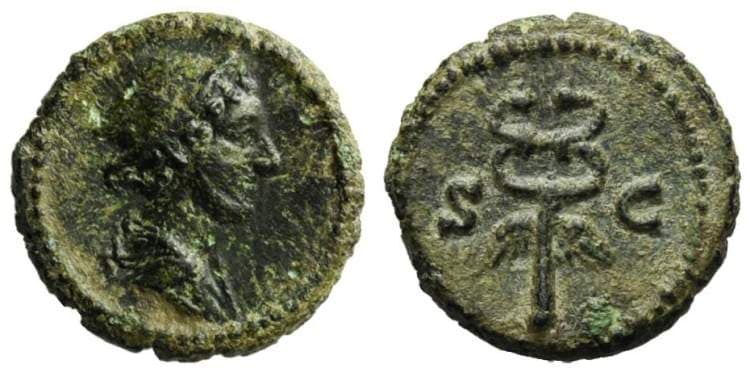 RIC II 31 Sear 2927 Anonymous AE Quadrans, Bust of Mercury right (with resemblance to Hadrian) / S C, winged caduceus