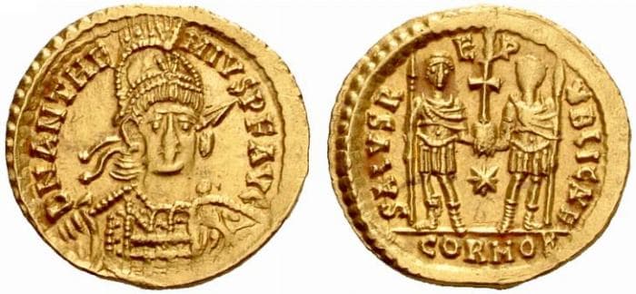 RIC 2825 Anthemius, AV solidus, Rome mint, DN ANTHE-MIVS PF AVG, helmeted and cuirassed bust facing, holding spear and s