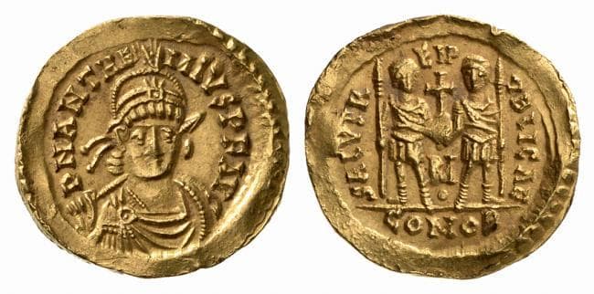 RIC 2831 Anthemius, AV solidus, Rome mint, DN ANTHE-MIVS PF AVG, helmeted and draped bust facing, holding spear / SALVS
