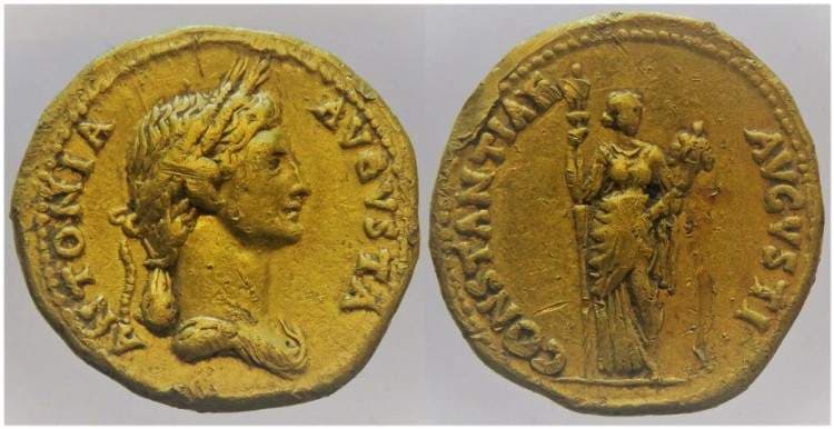 RIC 65 Antonia AV Aureus, Lyons mint, AD 41-47 AD