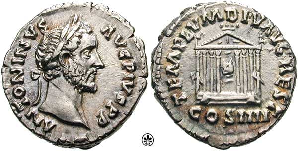 RIC 143 Antoninus Pius Denarius, ANTONINVS AVG PIVS PP, laureate head right / TEMPLVM DIVI AVG REST, COS IIII below, oct