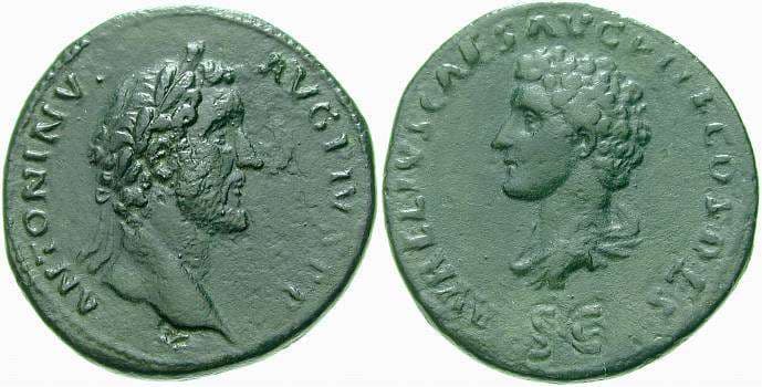 RIC 1215 Antoninus Pius and Marcus Aurelius Caesar, AE Sestertius