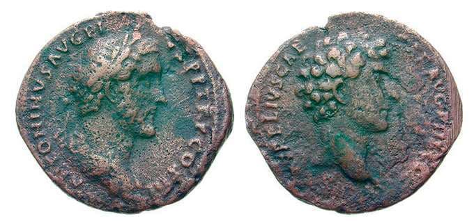 RIC 1222 var Antoninus Pius with Marcus Aurelius as Caesar AE As, 26-28mm; 7