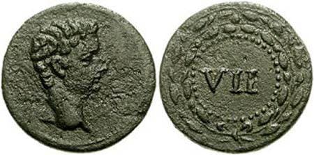 Buttrey 1, 7 Augustus, struck by Tiberius