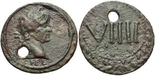Buttrey 5, 9 Augustus, struck by Tiberius, AE Tessera 20mm