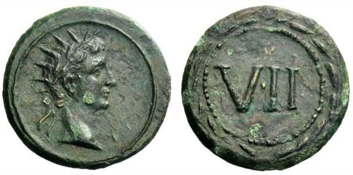 Buttrey 6, 7 Augustus, AE Tesserae, struck by Tiberius, 21mm