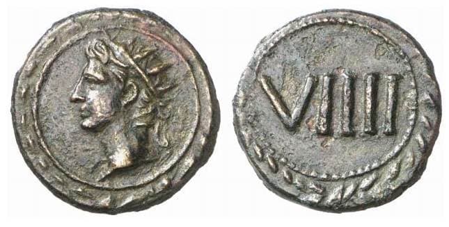 Buttrey 9, 9 Augustus, AE tessera, Radiate head left within circle and wreath / VIIII within border and wreath