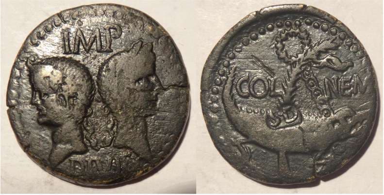 RIC 158 SD c'mark Augustus and Agrippa AE Dupondius or As of Gaul, Nemausus