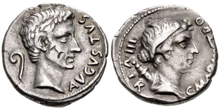 RIC 403 Sear 1732 Augustus and Julia denarius, AVGVSTVS Bare head of Augustus right, lituus behind