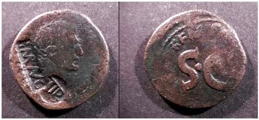 RIC 431 Grunwald 52 Augustus AE As, countermarked IMP AVG and TIB under Tiberius