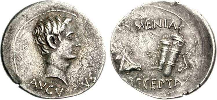 RIC 517 Augustus AR Denarius, Struck 19 BC in Pergamum, Mysia