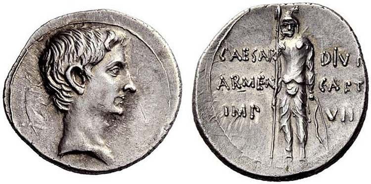 RIC 519 Augustus, AR denarius, Pergamum mint, struck ca 19-18 BC, 3