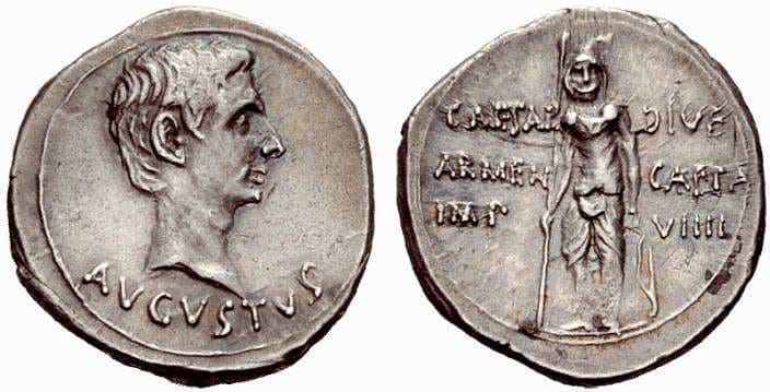 RIC 520 Augustus, AR denarius, Pergamum mint, struck ca 19-18 BC, 3