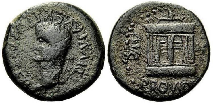 Emerita RIC 28 Augustus AE28 of Emerita, Spain, struck posthumously by Tiberius, 8