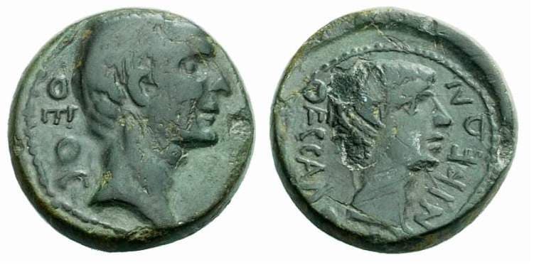 Thessalonika RPC 1555 Augustus and Divus Julius Caesar, AE19 of Thessalonica, Macedonia