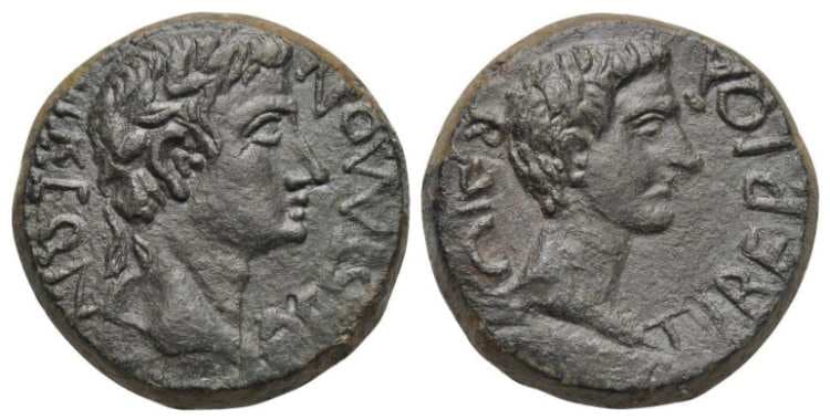 Thessalonika RPC 1565 Augustus and Tiberius, AE21 of Thessalonika, Macedonia
