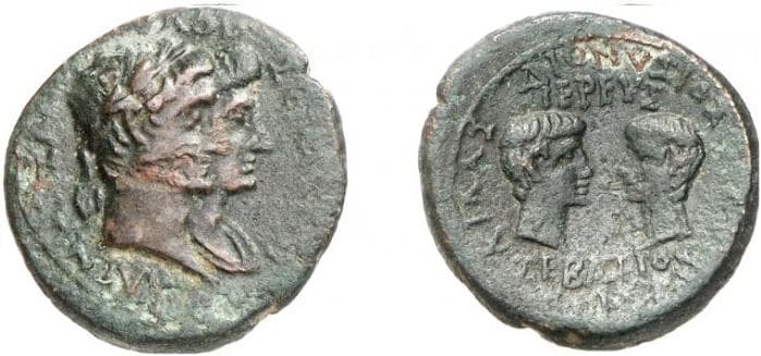 Magnesia ad Sipylum RPC 2449 Austustus, Livia, Gaius and Lucius AE19 of Magnesia ad Sipylum, Lydia