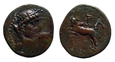 Arados RPC 4482 Augustus AE22 of Arados, Phoenicia, dated 8/7 BC, Veiled head of Tyche right, small head of Augustus bef