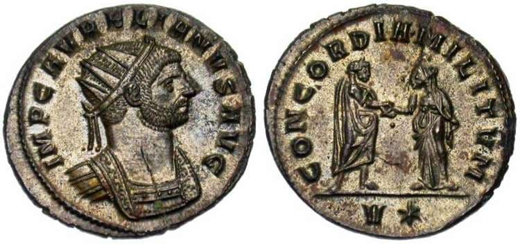 RIC 244 V star Aurelian, billon antoninianus, Rome or Siscia