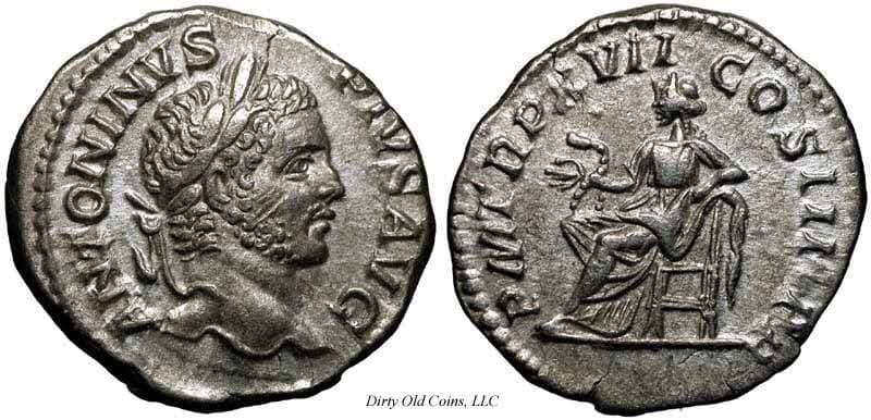 RIC 82 var Caracalla, AR Denarius, Rome, AD 214