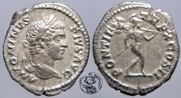 RIC 88 var Caracalla, Rome, AR denarius, ANTONINVS PIVS AVG, laureate, draped head right / PONTIF TR P X COS II, Mars, n