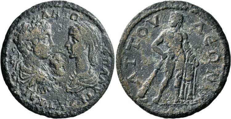 Attuda Leu 6, 562 Caracalla and Plautilla, AE28 of Attuda, Caria