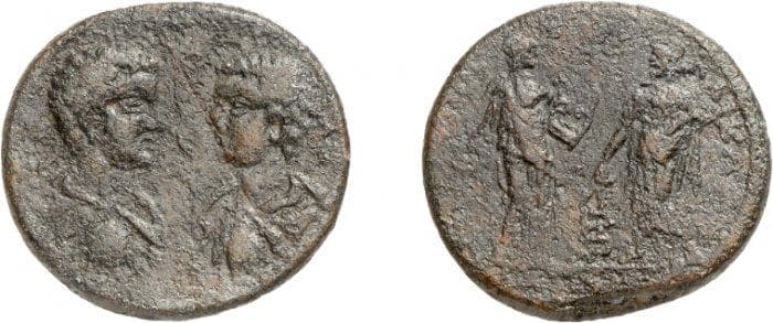 Halikarnassos SNG Cop 386 Caracalla and Geta, AE of Halikarnassos, Caria in Homonoia with Kos