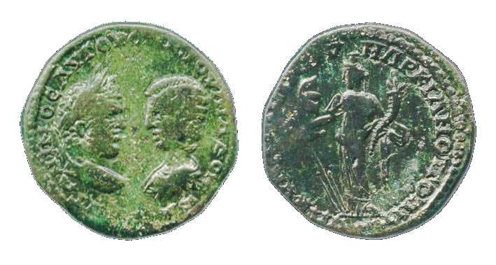 Markianopolis Moushmov 496 Caracalla and Julia Domna AE26 (5 Assaria) of Markianopolis