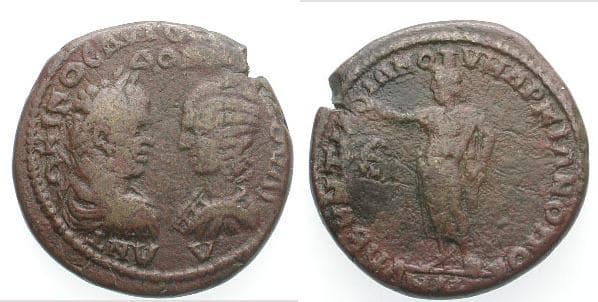 Markianopolis Moushmov 494 Caracalla and Julia Domna AE27 (5 Assaria) of, Moesia Inferior, Marcianopolis