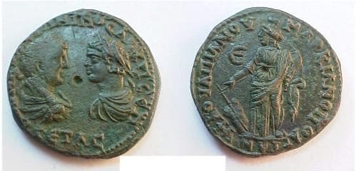 Markianopolis Moushmov 469 Caracalla and Geta AE28 Pentassarion of Markianopolis