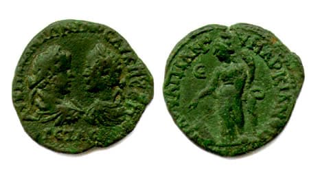 Markianopolis SNG Cop 220 Caracalla and Geta, AE28 of Markianopolis