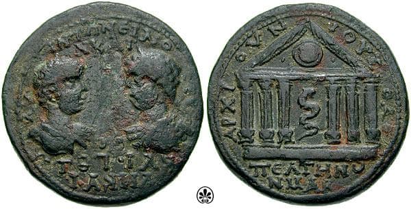 Peltae CNG 64932 Caracalla and Geta AE 34mm of Peltae, Phrygia