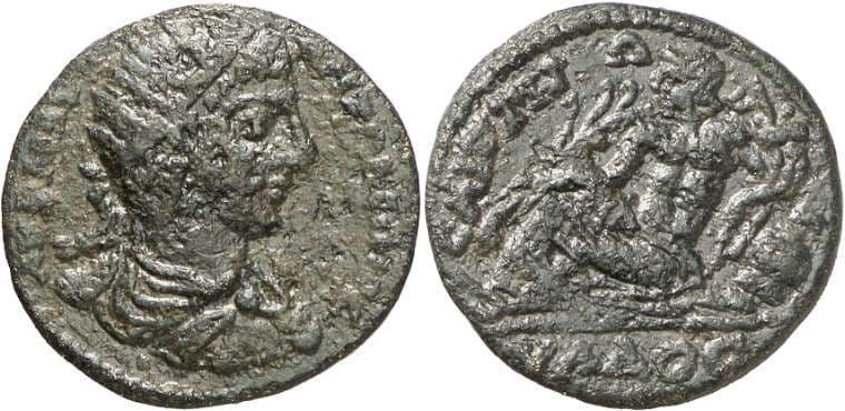 Saitta Falter 497 Caracalla, AE18 of Saitta, Lydia