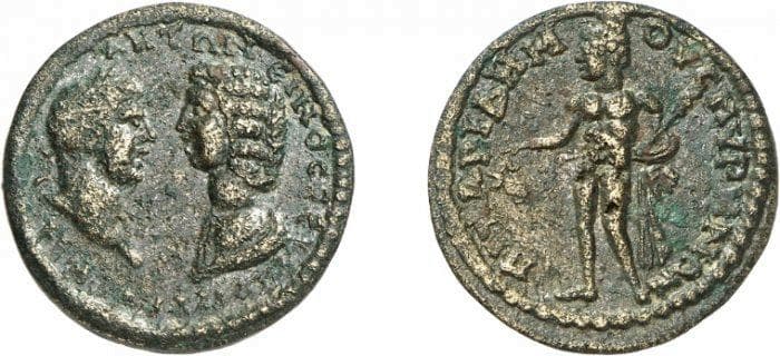 Smyrna BMC 419 Caracalla and Julia Domna, AE of Smyrna, Ionia