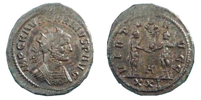 RIC 325v Carinus, Antioch, AE Antoninianus, IMP C M AVR CARINVS P AVG, Radiate and cuirassed bust right / VIRTVS AVGG, C