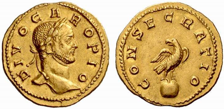 RIC 4 var Calico 4262 Carus, AV aureus, Lyons mint, after 283 AD, posthumous issue