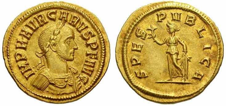 RIC 64 Carus, AV aureus, Ticinum mint